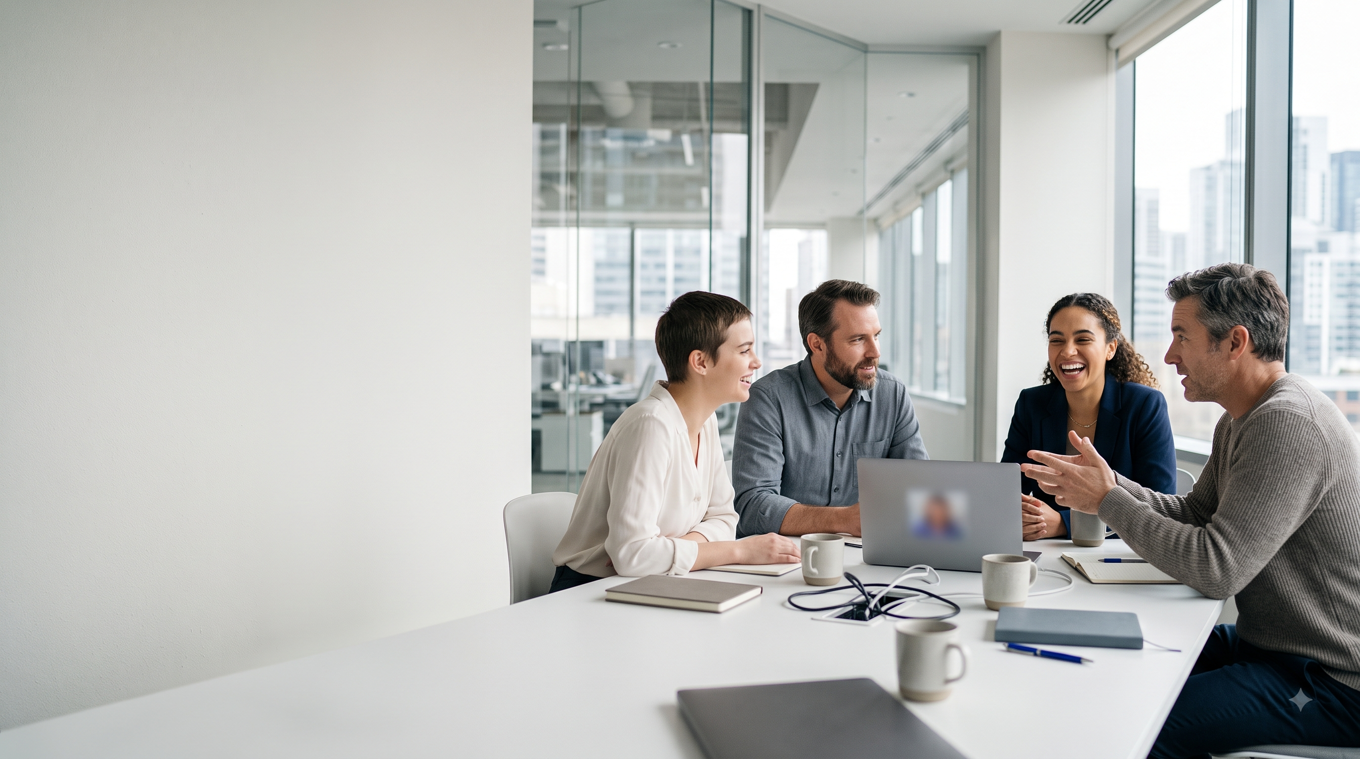Four coworkers around a laptop, mid-conversation